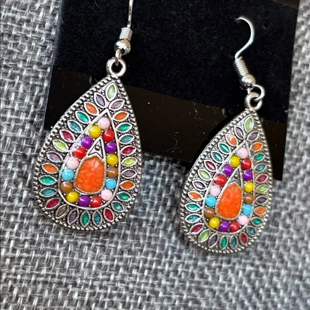 Vintage Seed Beaded Multi-Strand Long Wood Bead Colorful & Teardrop Earrings